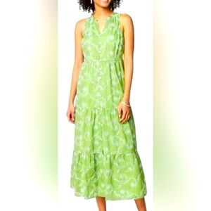 J Jill Tiered Maxi Dress Medium Snap Pea Green Embroidered 100% Cotton NEW